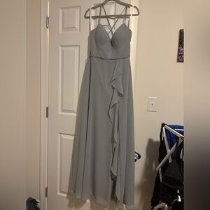 Azazie Naeem A-Line Ruffle Chiffon Floor-Length Dress Dolphin Grey Size 8 NWT!